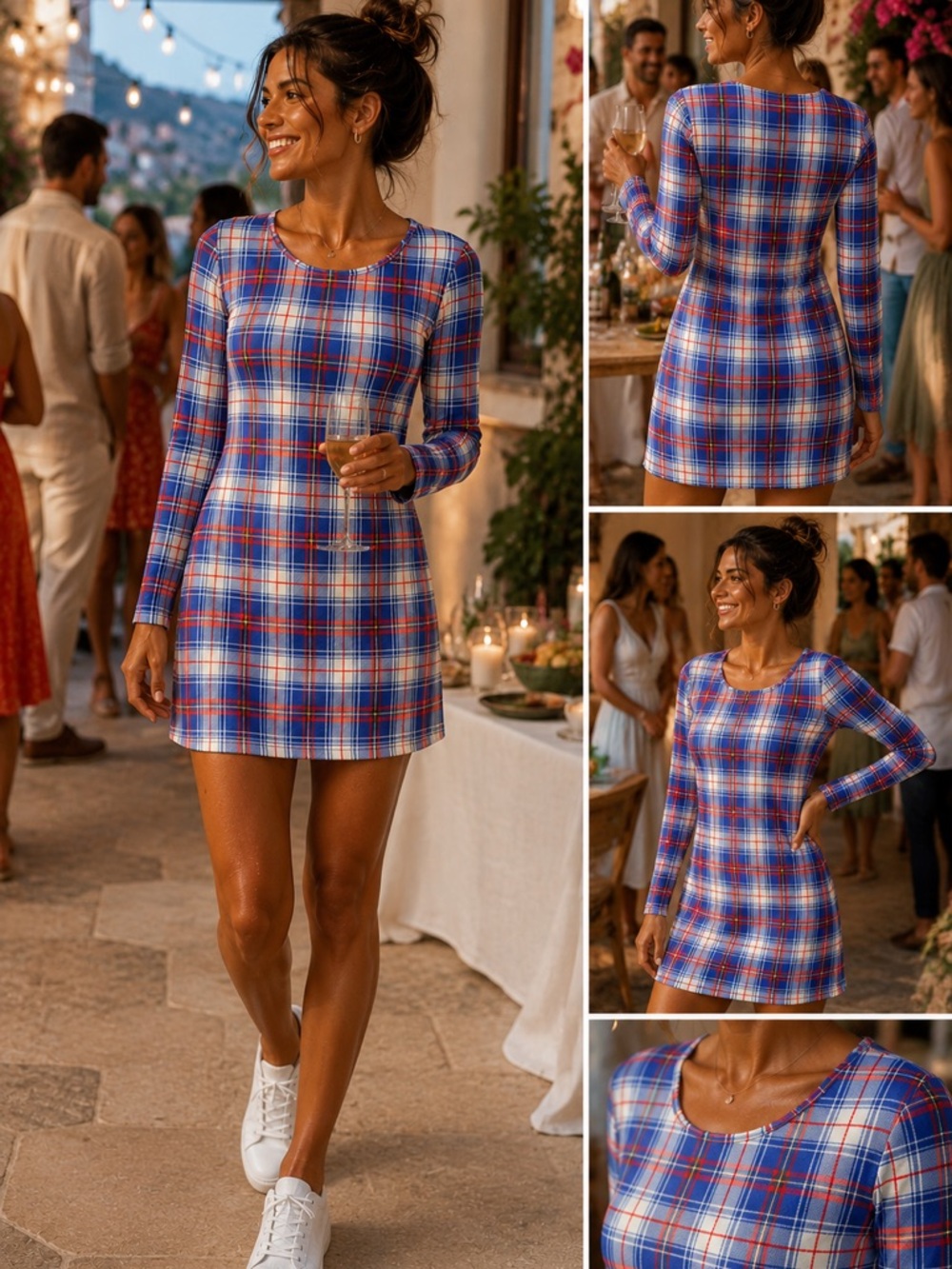 Plaid Long-Sleeve Mini Dress in Blue and Red